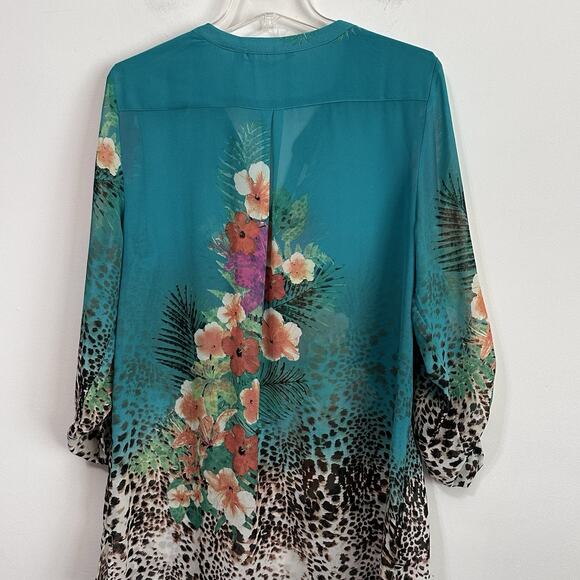 Soft Surroundings Animal Tropical Print Chiffon Blouse XL Semi Sheer‎ Roll Tab - Picture 9 of 12